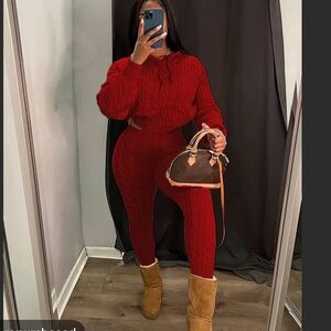 Red Women's Knit Pants & Jumpsuit Set